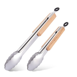 2 Pcs Tongs For Grilling, 9 Inch and 12 Inch Wood Handle, Pull Ring Lock, Solid Wood Handles, Cooking